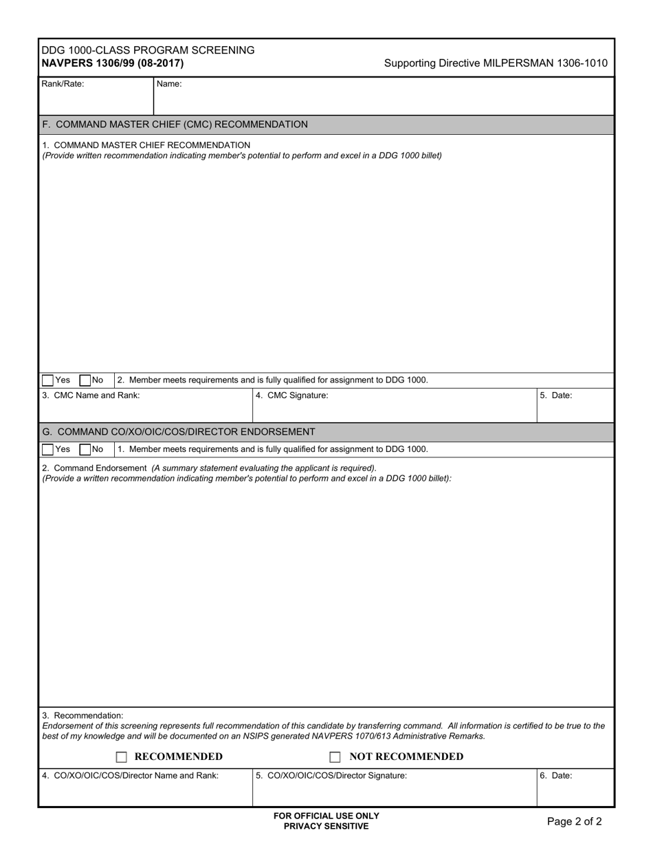 NAVPERS Form 1306/99 - Fill Out, Sign Online and Download Fillable PDF ...