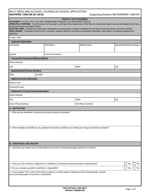 NAVPERS Form 1306/100  Printable Pdf