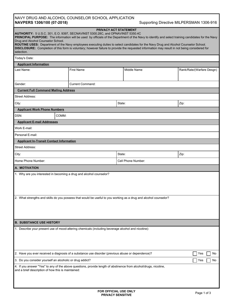 NAVPERS Form 1306 / 100 Navy Drug and Alcohol Counselor School Application, Page 1