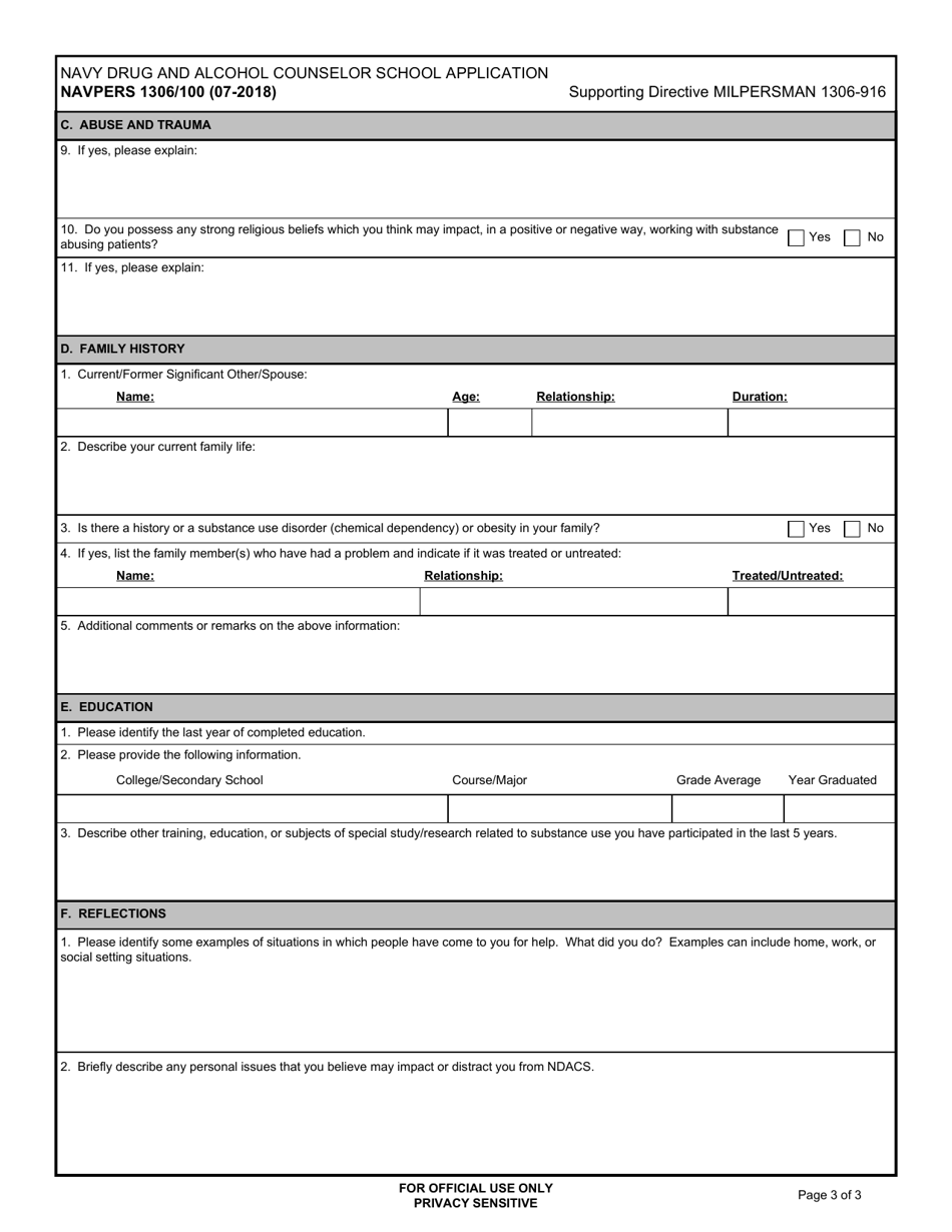 NAVPERS Form 1306 / 100 Navy Drug and Alcohol Counselor School Application, Page 3