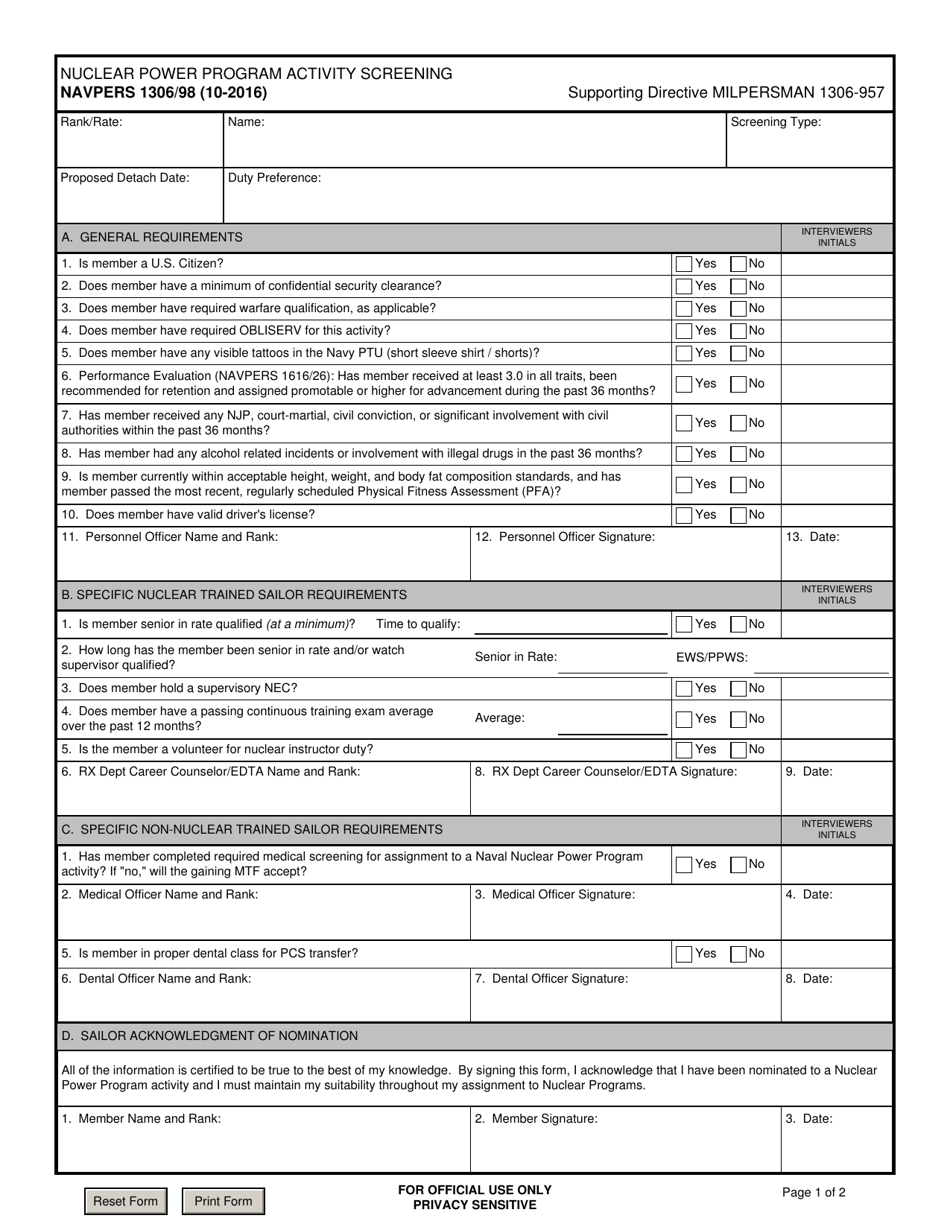 NAVPERS Form 1306 / 98 Nuclear Power Program Activity Screening, Page 1