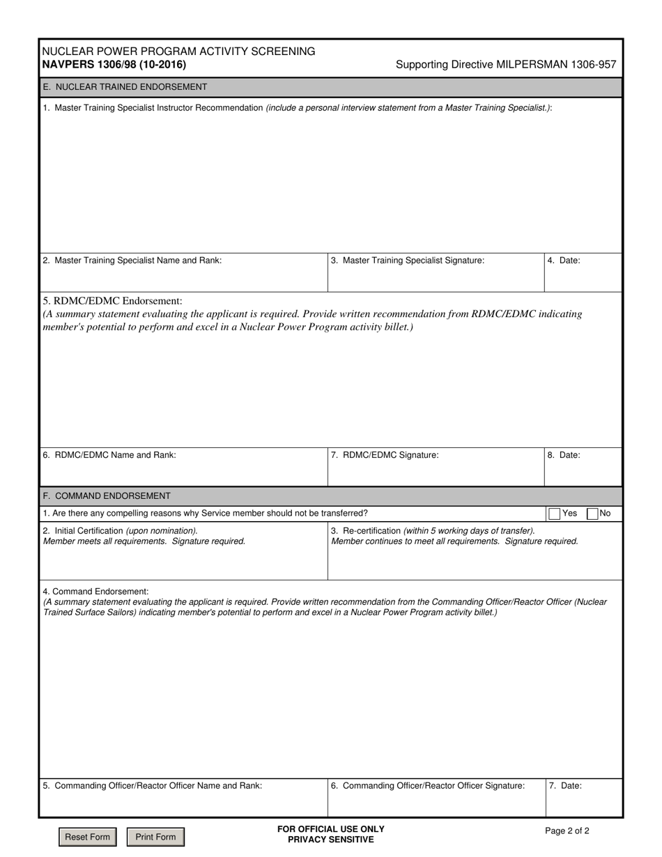 NAVPERS Form 1306/98 - Fill Out, Sign Online And Download Fillable PDF ...