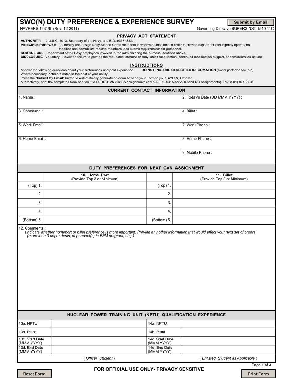 NAVPERS Form 1331 / 6 Swo(N) Duty Preference  Experience Survey, Page 1