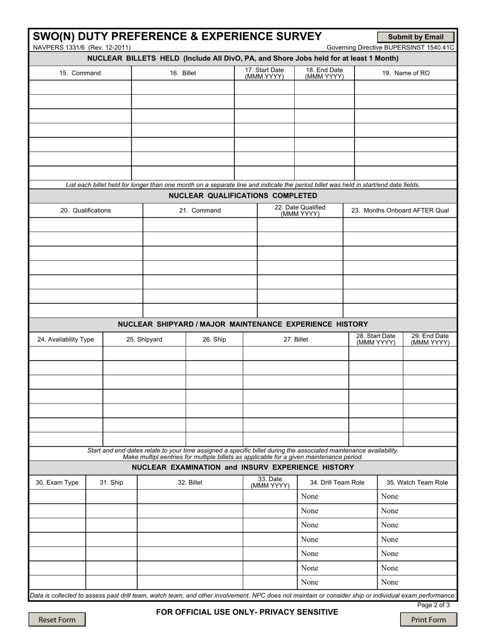 NAVPERS Form 1331 / 6 Swo(N) Duty Preference  Experience Survey, Page 2