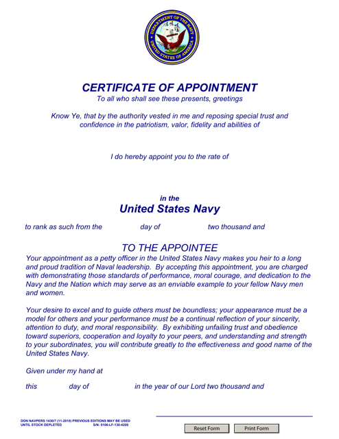 NAVPERS Form 1430/7 Certificate of Appointment (E4-e6) Usn