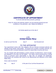 Document preview: NAVPERS Form 1430/9 Certificate of Appointment (E1-e3) Usn