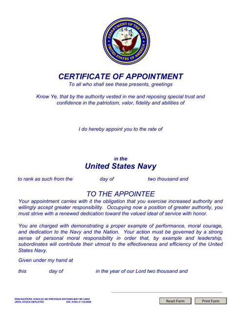 NAVPERS Form 1430/9 Certificate of Appointment (E1-e3) Usn
