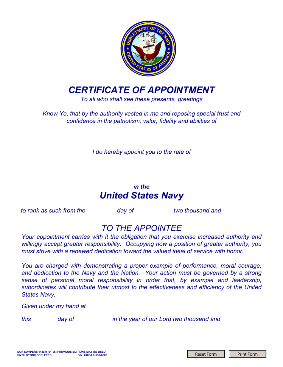 NAVPERS Form 1430 / 9 Certificate of Appointment (E1-e3) Usn, Page 1