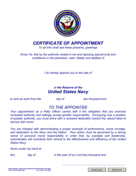 Document preview: NAVPERS Form 1430/8 Certificate of Appointment (E4-e6) Usn