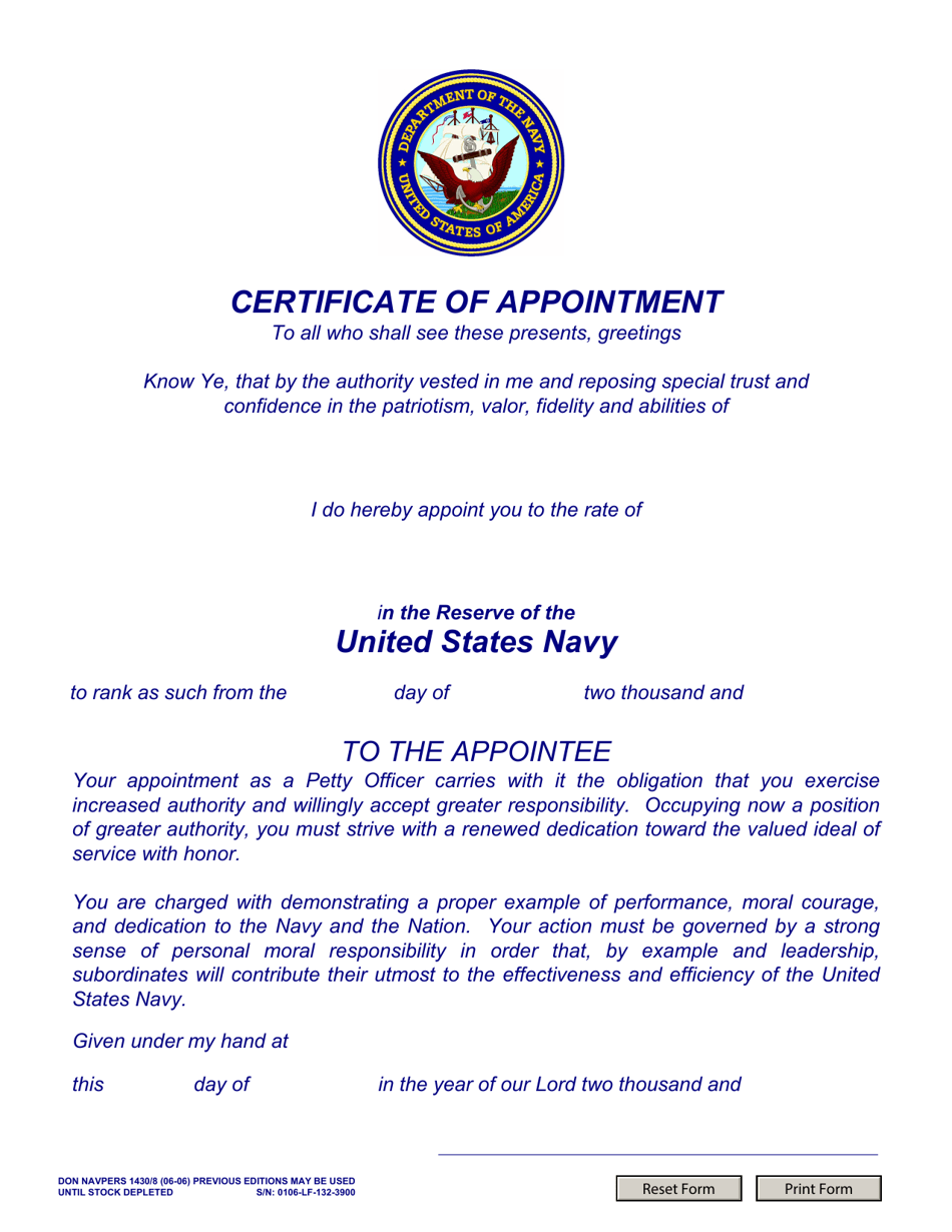 NAVPERS Form 1430 / 8 Certificate of Appointment (E4-e6) Usn, Page 1