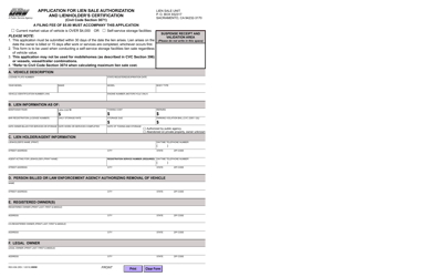 Form REG656 &quot;Application for Lien Sale Authorization and Lienholder's Cerification&quot; - California