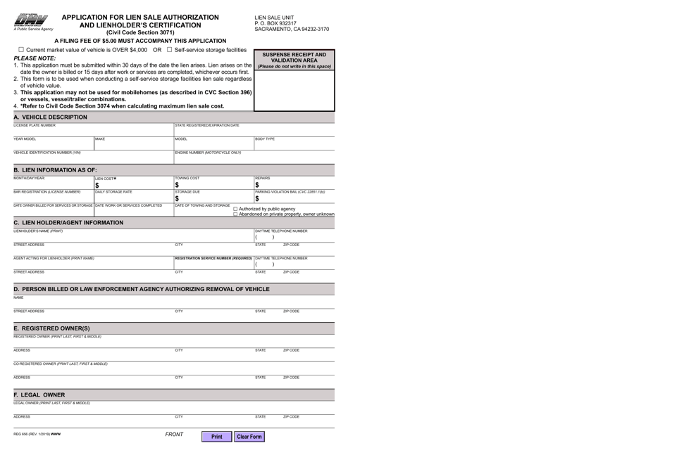 Form REG656 Application for Lien Sale Authorization and Lienholder's Certification - California
