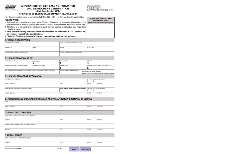 Form REG656 Application for Lien Sale Authorization and Lienholders Certification - California, Page 1