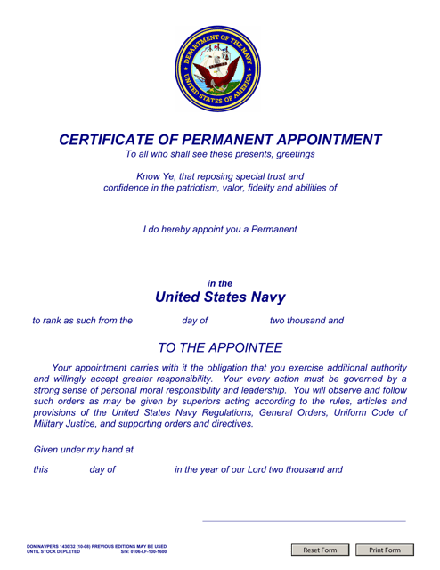 NAVPERS Form 1430/32 Certificate of Appointment (E7-e9) Usn