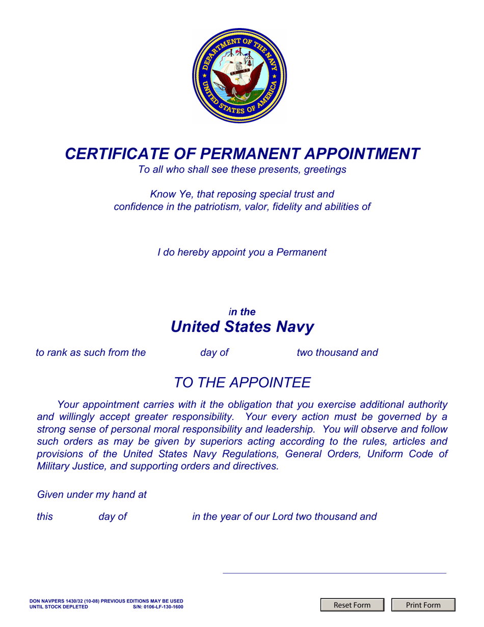 NAVPERS Form 1430 / 32 Certificate of Appointment (E7-e9) Usn, Page 1