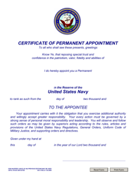 Document preview: NAVPERS Form 1430/33 Certificate of Permanent Appointment (E7-e9) Usnr