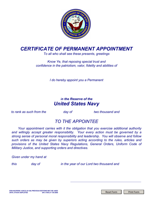 NAVPERS Form 1430/33 Certificate of Permanent Appointment (E7-e9) Usnr