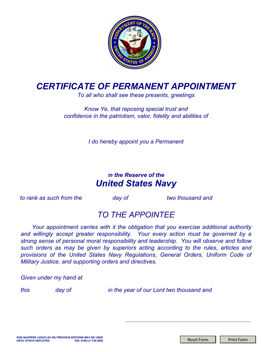 NAVPERS Form 1430 / 33 Certificate of Permanent Appointment (E7-e9) Usnr, Page 1