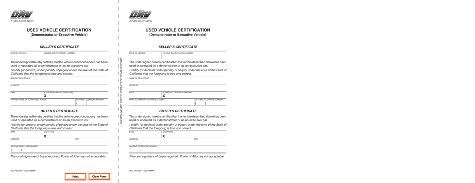 Form REG496 Used Vehicle Certification (Demonstrator or Executive Vehicle) - California, Page 1