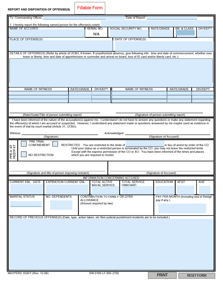 NAVPERS Form 1626 / 7 Report and Disposition of Offense(S), Page 1