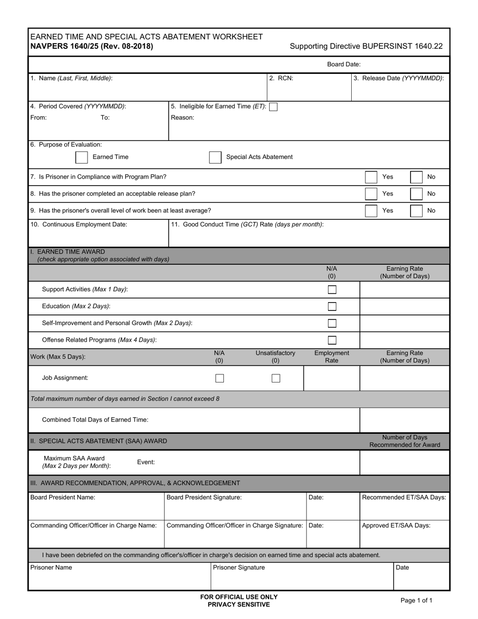 NAVPERS Form 1640 / 25 Earned Time and Special Acts Abatement Worksheet, Page 1