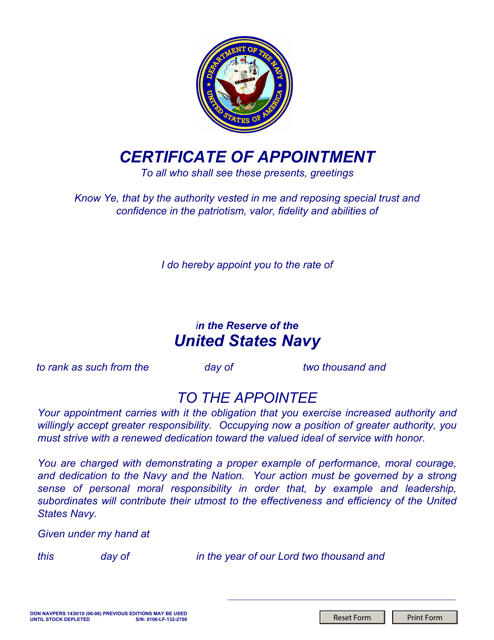 NAVPERS Form 1430/10 Certificate of Appointment (E1-e3) Usnr