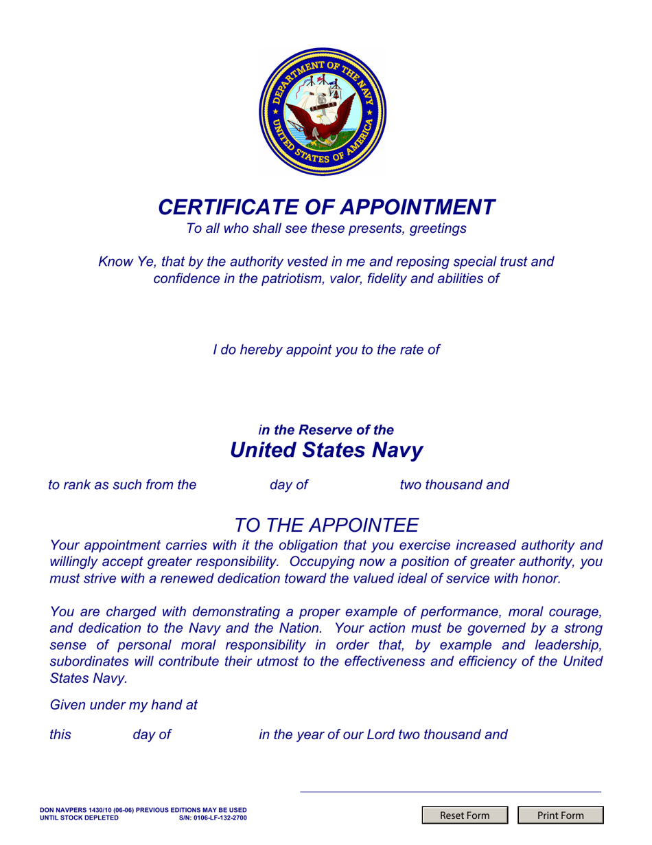 NAVPERS Form 1430 / 10 Certificate of Appointment (E1-e3) Usnr, Page 1