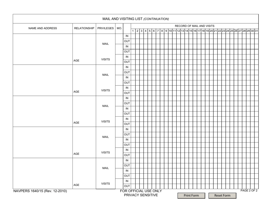 NAVPERS Form 1640 / 15 Mail and Visiting List, Page 2