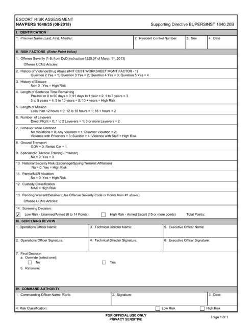 NAVPERS Form 1640/35 Escort Risk Assessment