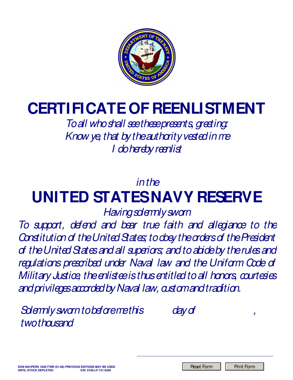NAVPERS Form 1650 / 77NR Certificate of Reenlistment- United States Navy Reserve, Page 1