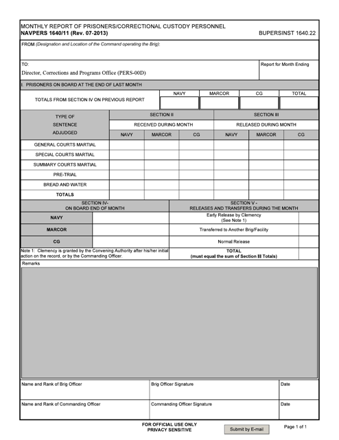 NAVPERS Form 1640/11 Monthly Report of Prisoner/Correctional Custody Personnel
