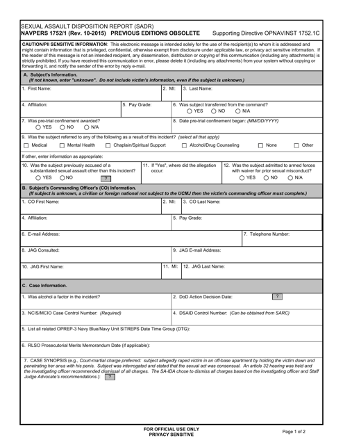 NAVPERS Form 1752/1 Sexual Assault Disposition Report (Sadr)