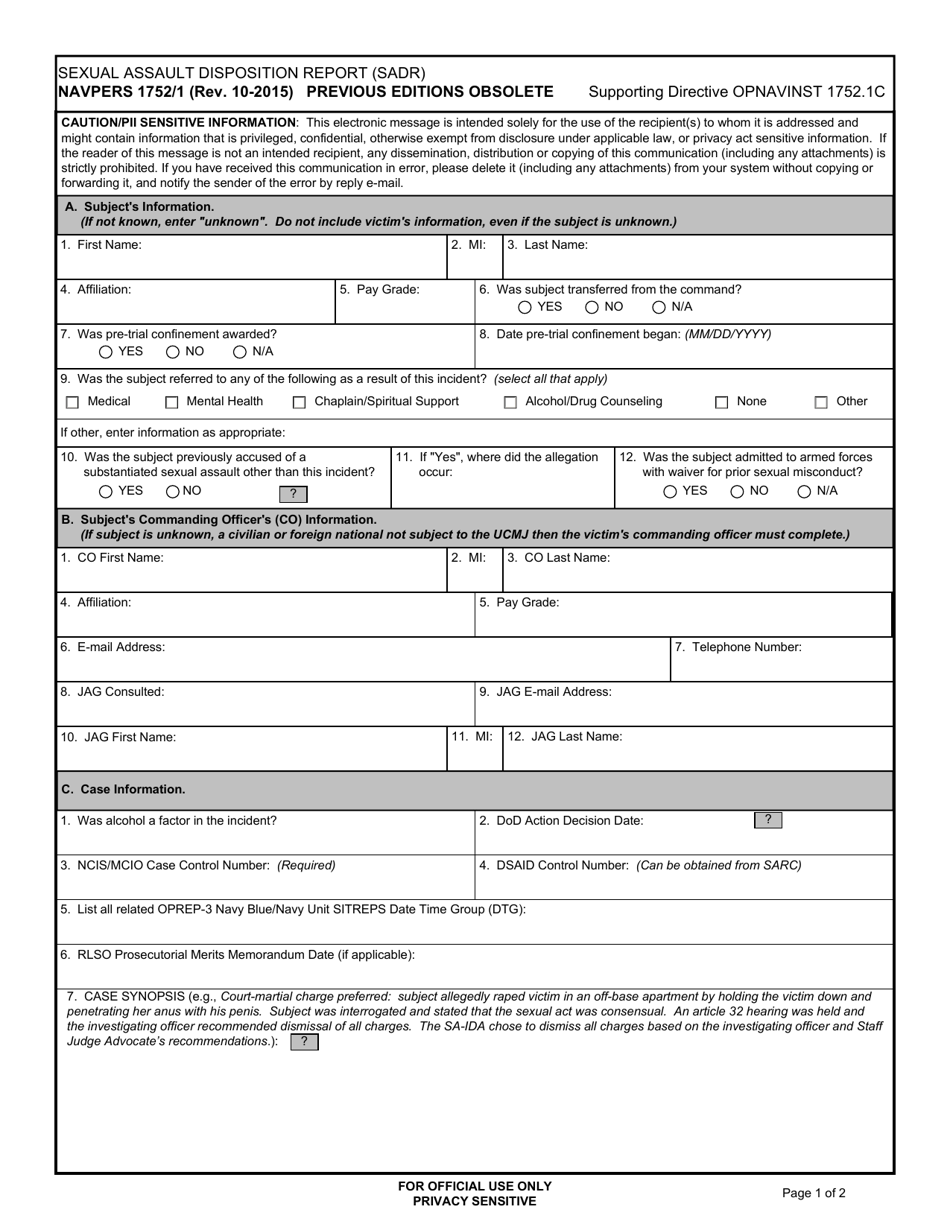 NAVPERS Form 1752 / 1 Sexual Assault Disposition Report (Sadr), Page 1