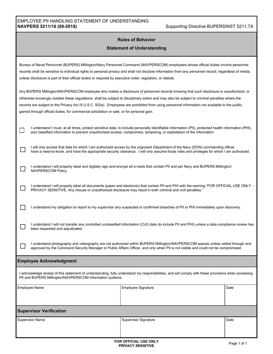 NAVPERS Form 5211 / 16 Employee Pii Handling Statement of Understanding, Page 1
