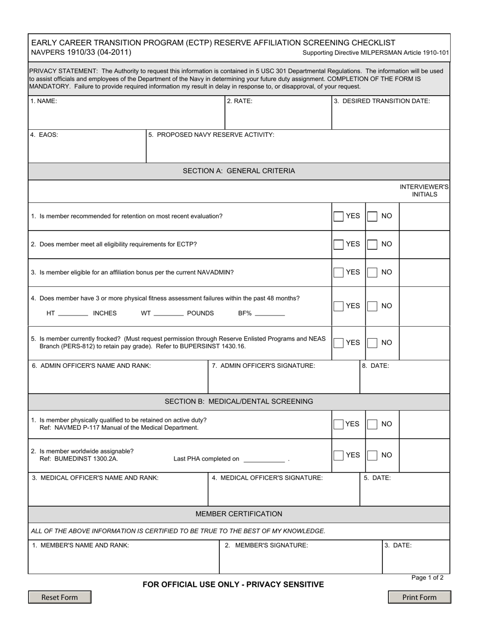 NAVPERS Form 1910 / 33 Early Career Transition Program (Ectp) Reserve Affiliation Screening Checklist, Page 1