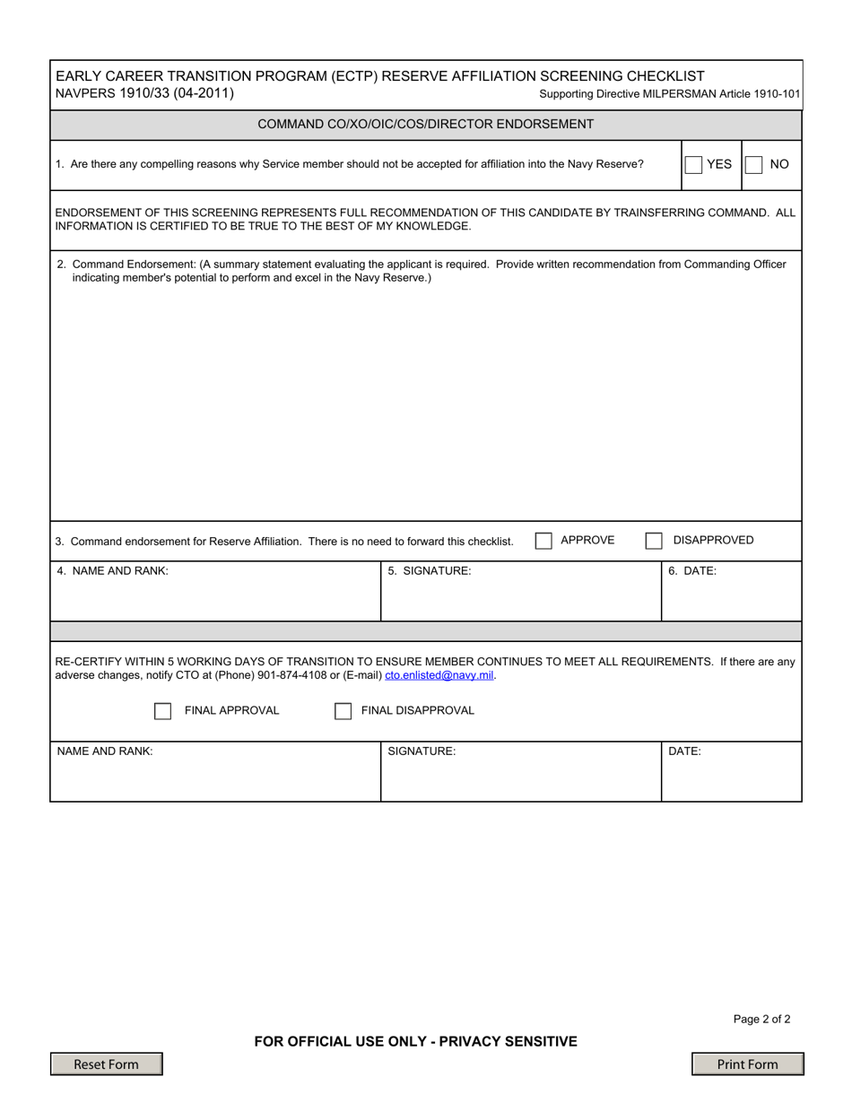 NAVPERS Form 1910 / 33 Early Career Transition Program (Ectp) Reserve Affiliation Screening Checklist, Page 2