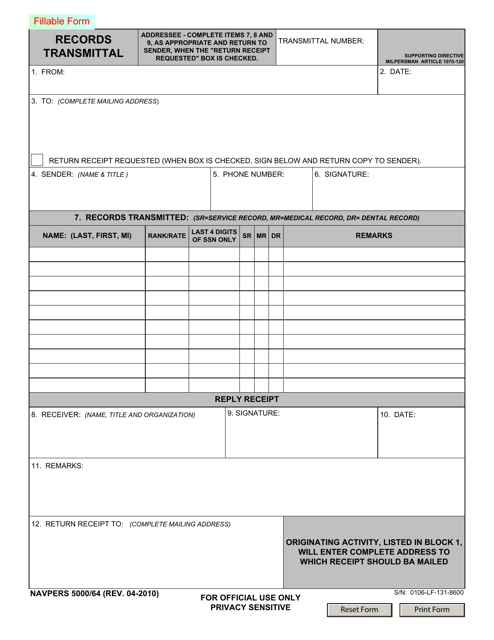 NAVPERS Form 5000/64  Printable Pdf