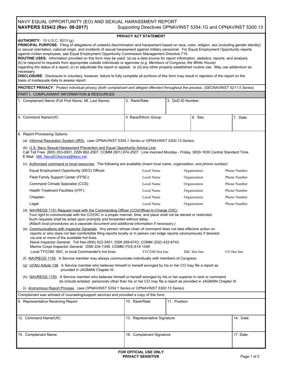 NAVPERS Form 5354 / 2 Navy Equal Opportunity (Eo) and Sexual Harassment Report, Page 1
