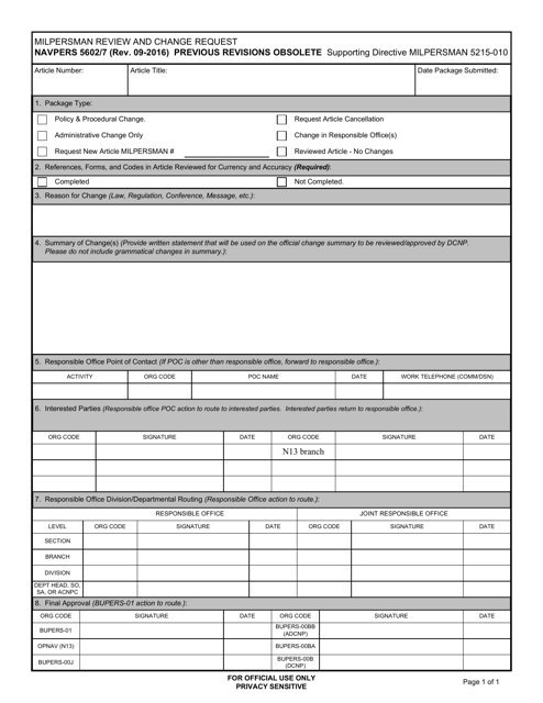 NAVPERS Form 5602/7 Milpersman Review and Change Request