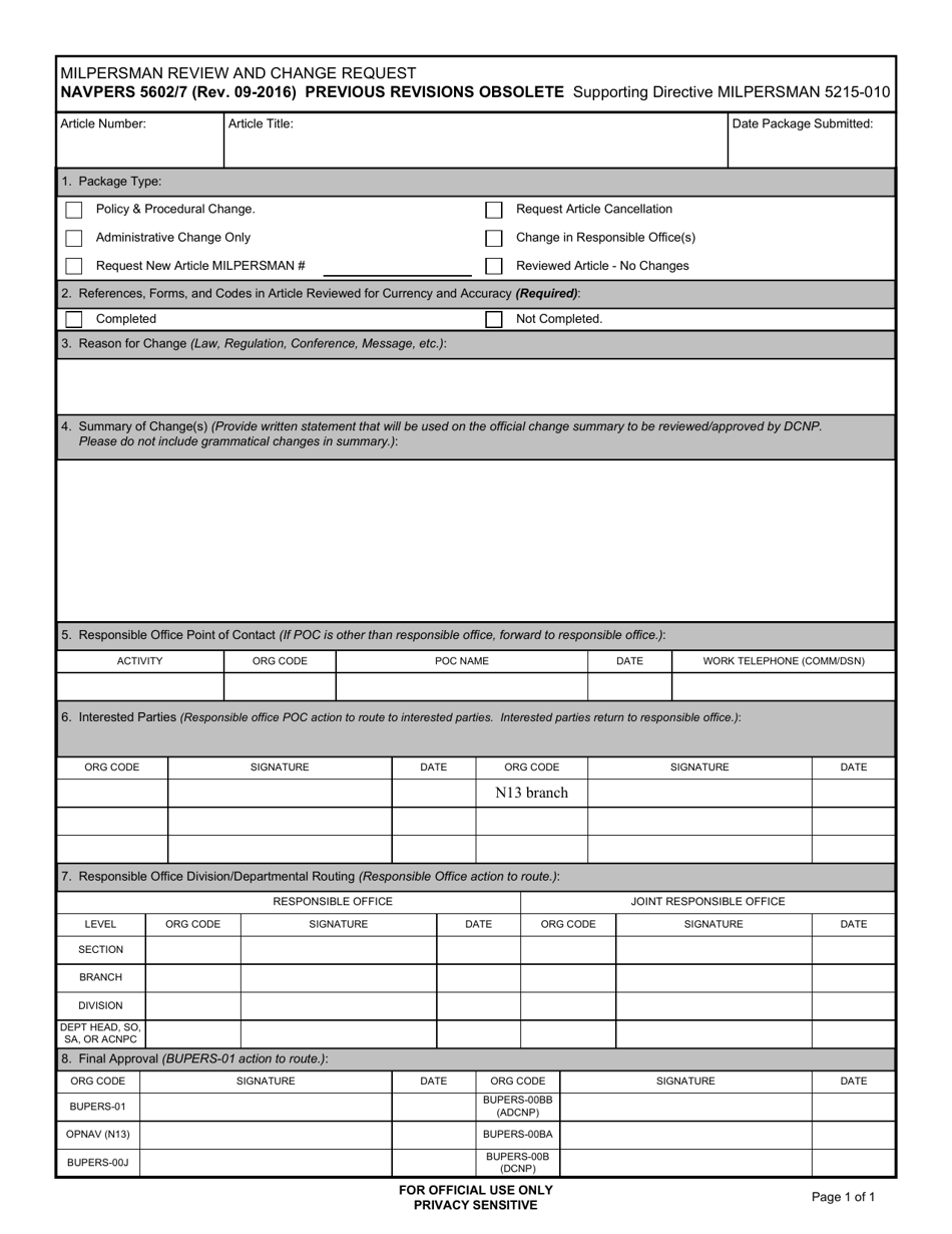 NAVPERS Form 5602 / 7 Milpersman Review and Change Request, Page 1