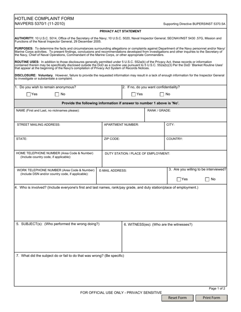 NAVPERS Form 5370/1  Printable Pdf