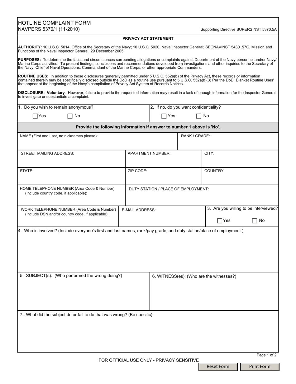 NAVPERS Form 5370 / 1 Hotline Complaint Form, Page 1