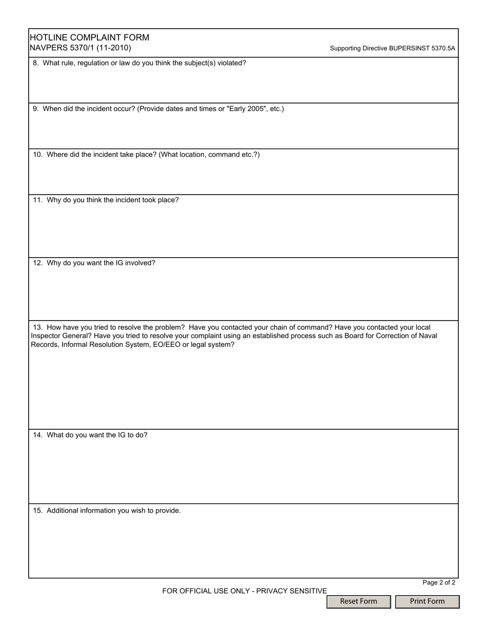 NAVPERS Form 5370 / 1 Hotline Complaint Form, Page 2