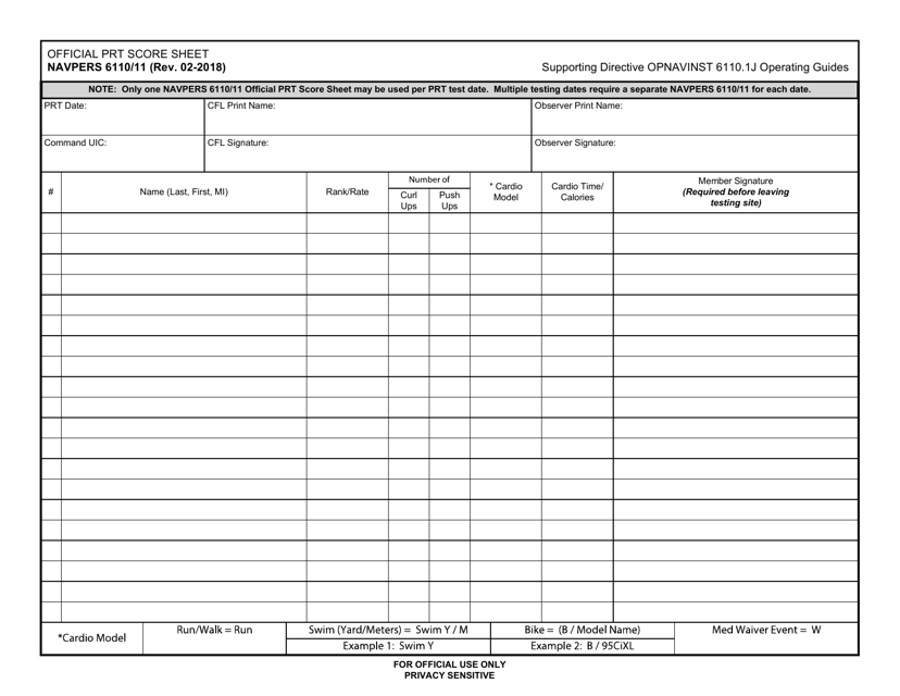NAVPERS Form 6110/11 Official Prt Score Sheet