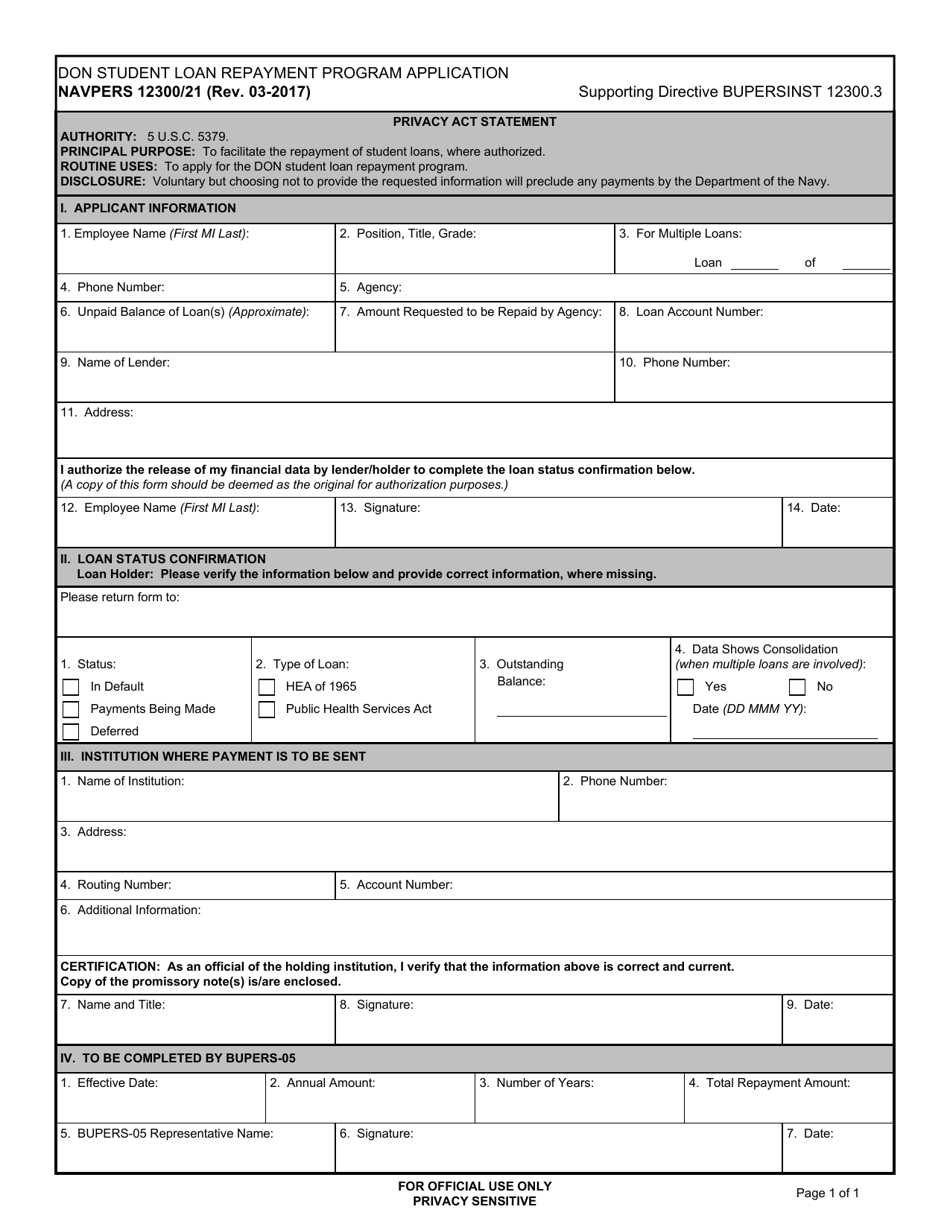 NAVPERS Form 12300 / 21 Student Loan Repayment Program Application, Page 1
