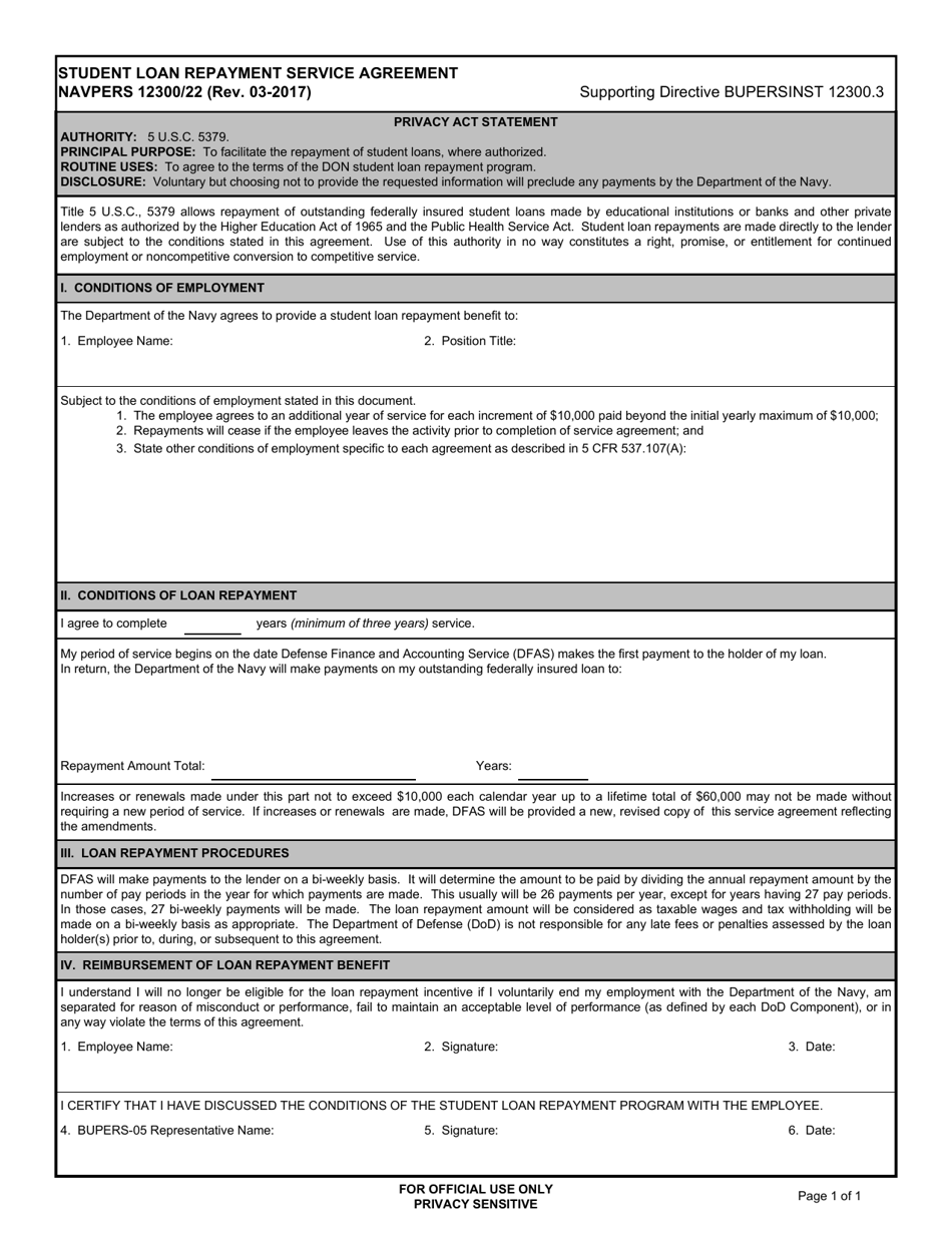 NAVPERS Form 12300 / 22 Student Loan Repayment Service Agreement, Page 1