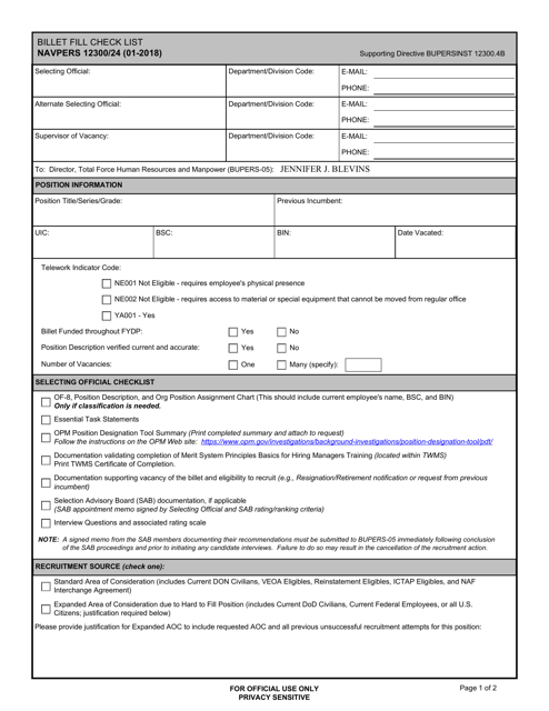 NAVPERS Form 12300/24 Billet Fill Checklist