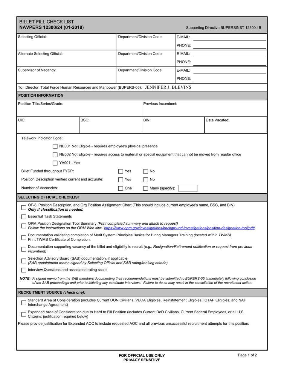 NAVPERS Form 12300 / 24 Billet Fill Checklist, Page 1