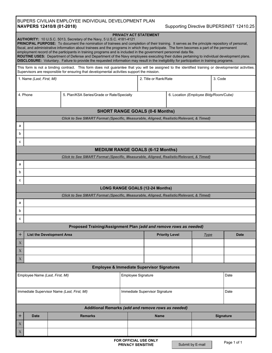 NAVPERS Form 12410 / 8 Bupers Civilian Employee Individual Development Plan, Page 1