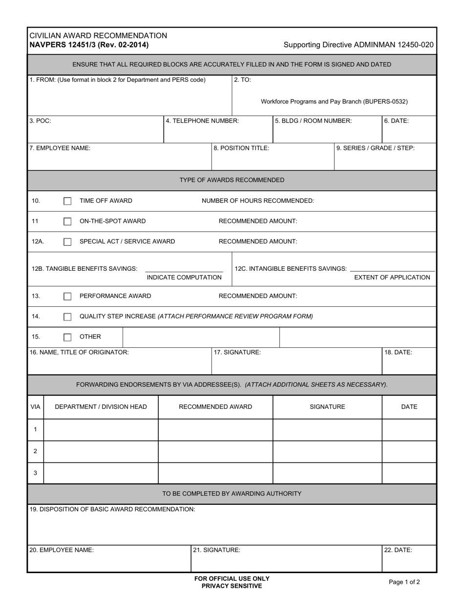 NAVPERS Form 12451 / 3 Civilian Award Recommendation, Page 1
